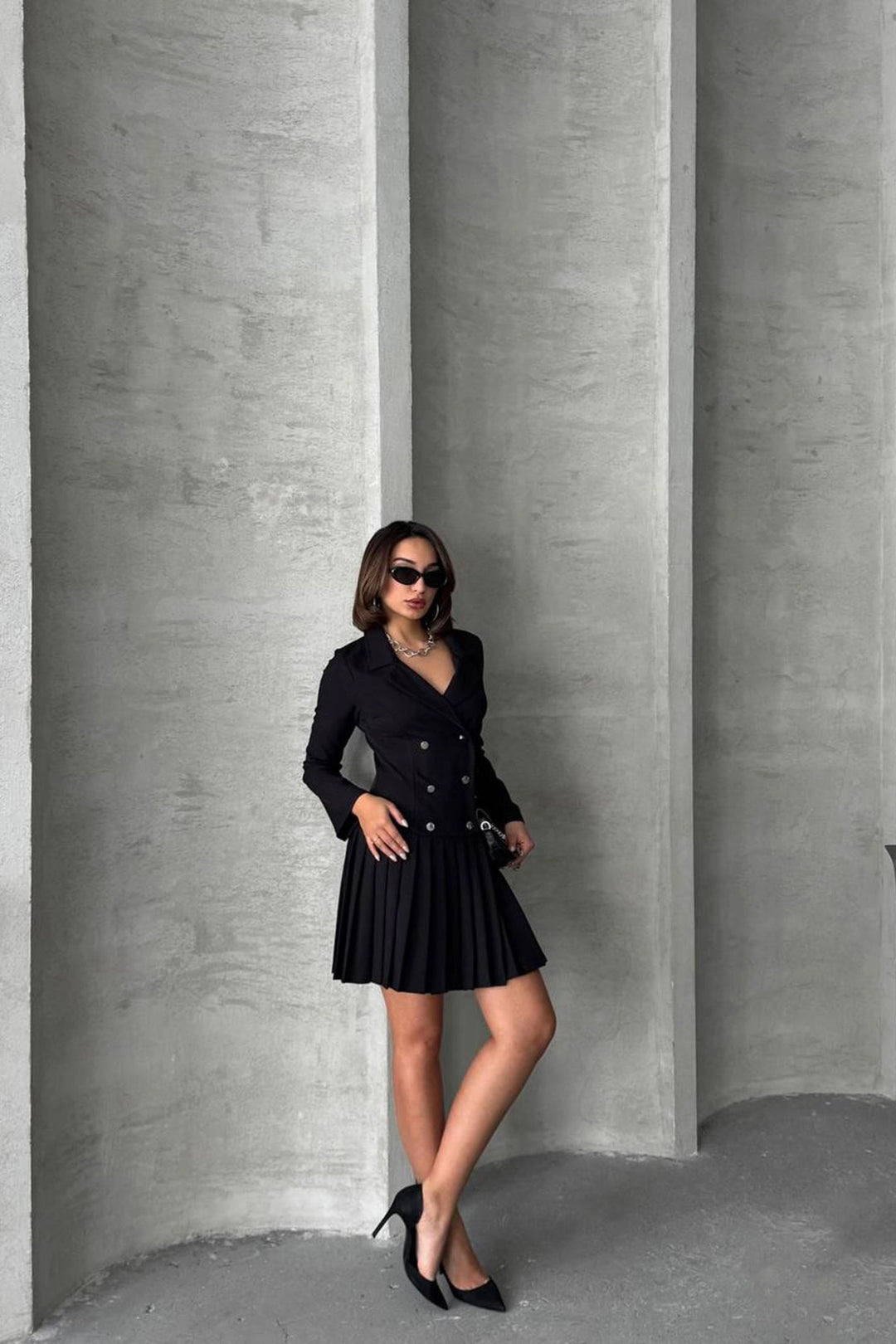 Black Button Detailed Pleated Woven Jacket Dress BCHN-255016 - Cento
