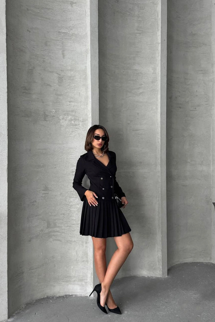 Black Button Detailed Pleated Woven Jacket Dress BCHN-255016 - Cento