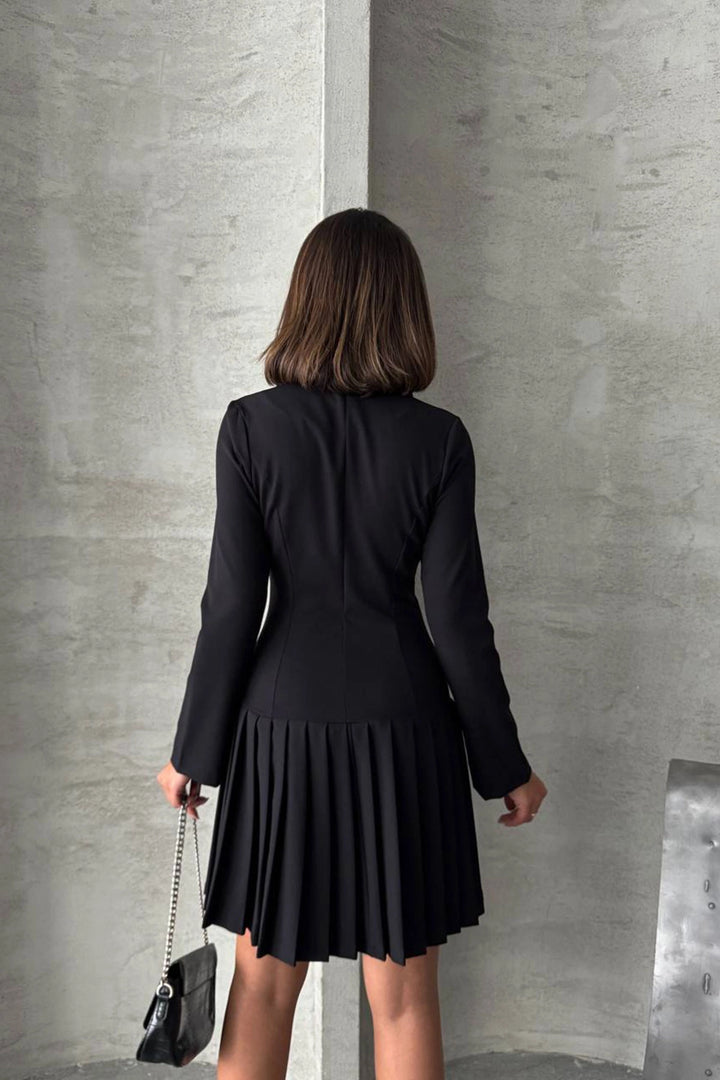 Black Button Detailed Pleated Woven Jacket Dress BCHN-255016 - Cento
