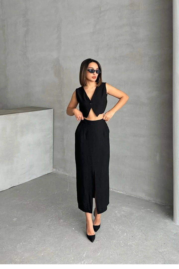 Black Buttoned Blouse and Skirted Self-Textured Top Set BCHN-25255013 - Gastonia