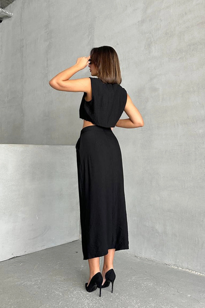 Black Buttoned Blouse and Skirted Self-Textured Top Set BCHN-25255013 - Gastonia