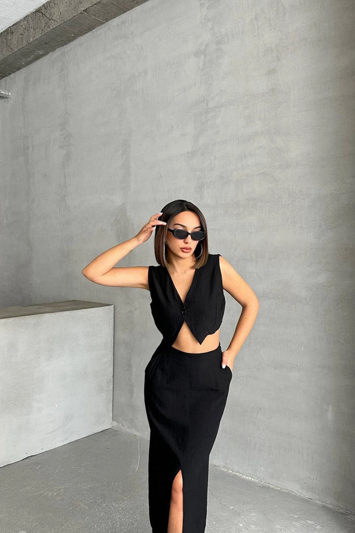 Black Buttoned Blouse and Skirted Self-Textured Top Set BCHN-25255013 - Gastonia