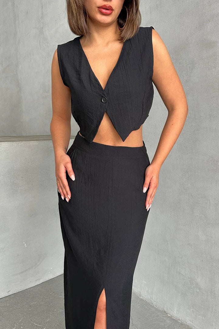 Black Buttoned Blouse and Skirted Self-Textured Top Set BCHN-25255013 - Gastonia