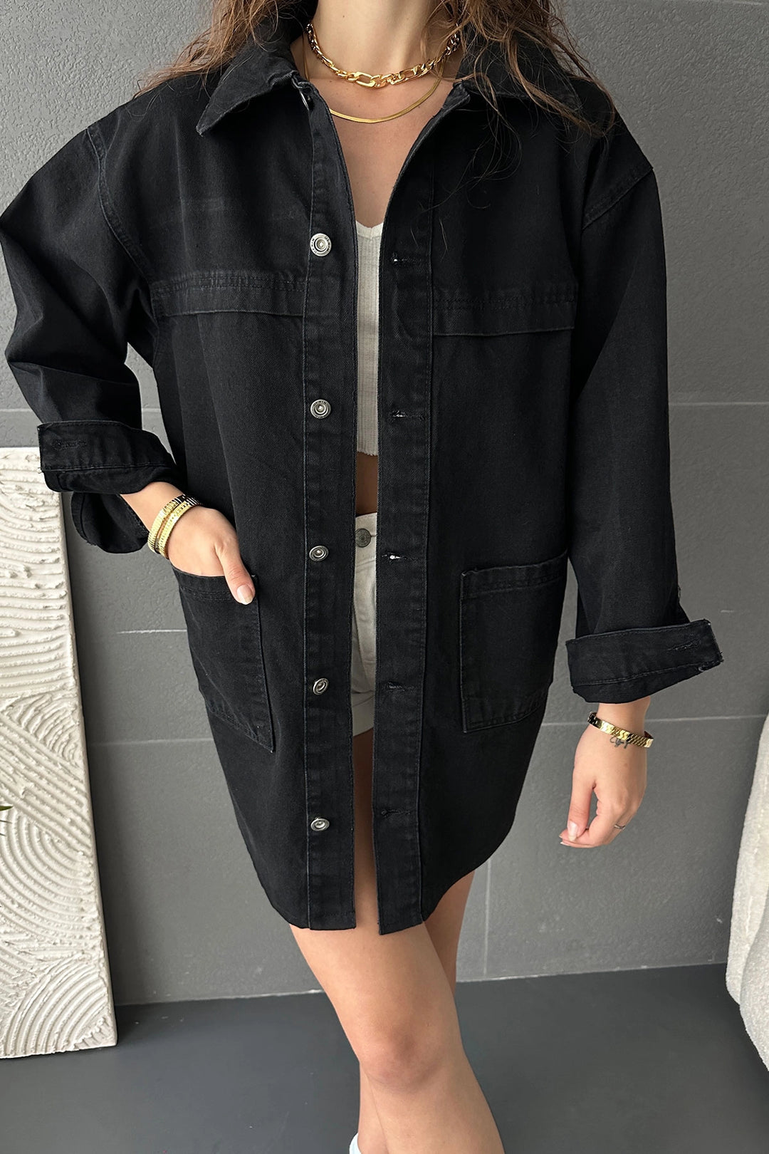 Black Buttoned Double Pocket Oversized Denim Shirt Jacket BCDF-245415 - Landgraaf