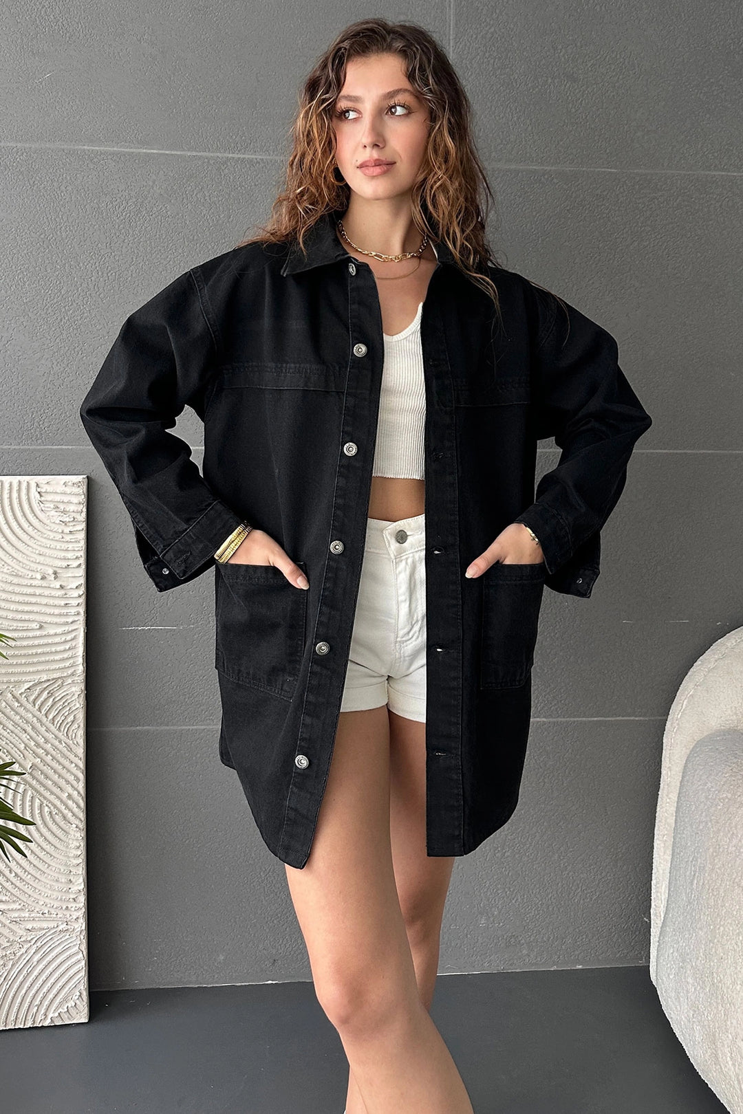 Black Buttoned Double Pocket Oversized Denim Shirt Jacket BCDF-245415 - Landgraaf