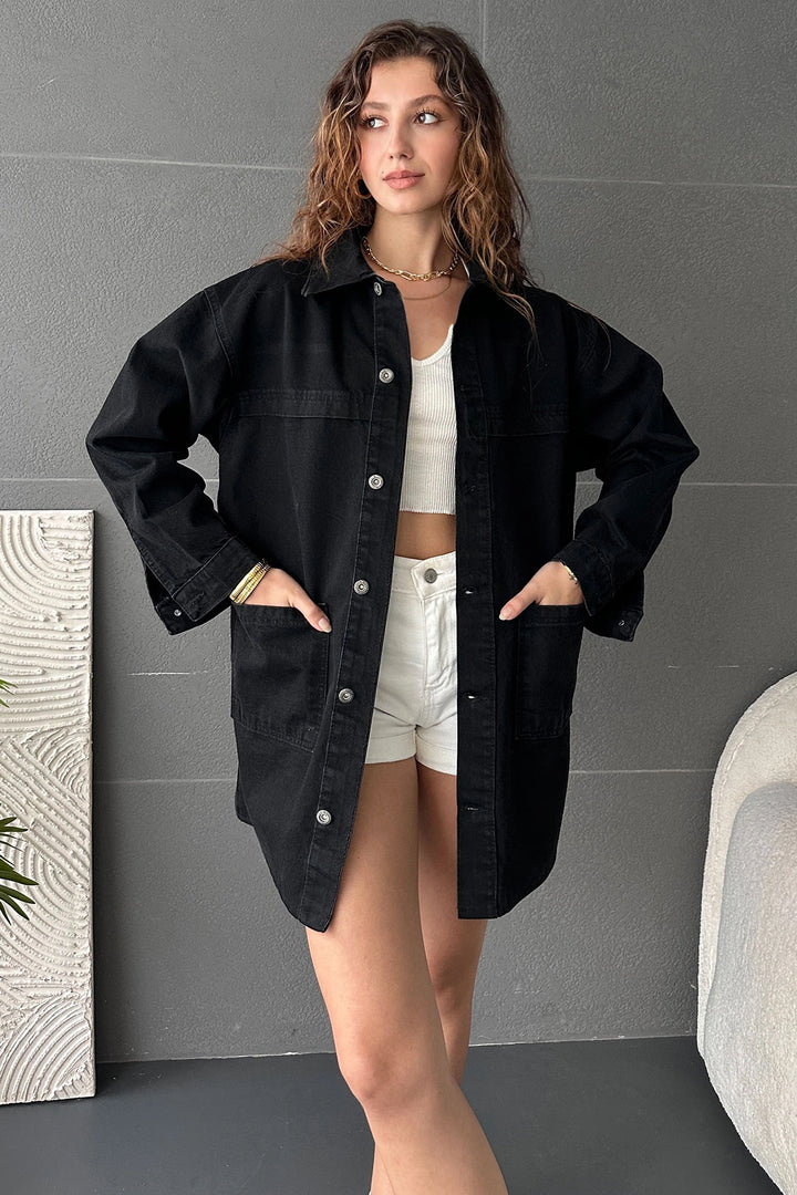 Black Buttoned Double Pocket Oversized Denim Shirt Jacket BCDF-245415 - Landgraaf