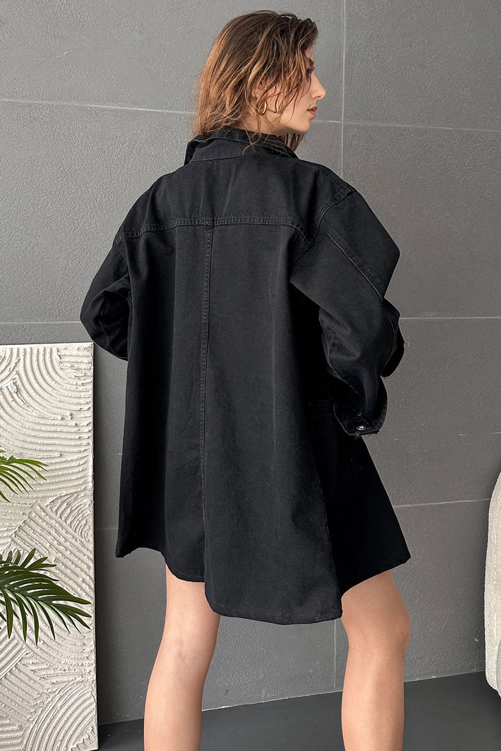 Black Buttoned Double Pocket Oversized Denim Shirt Jacket BCDF-245415 - Landgraaf