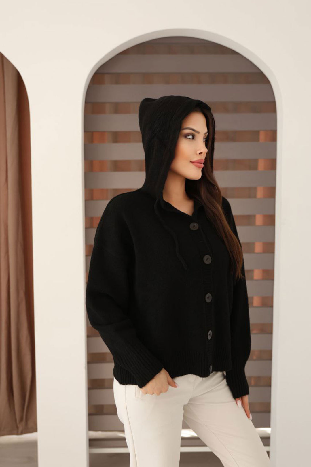 Siyah Düğmeli Kapüşonlu Soft Touch Triko Hırka BCES-253009 - Worms