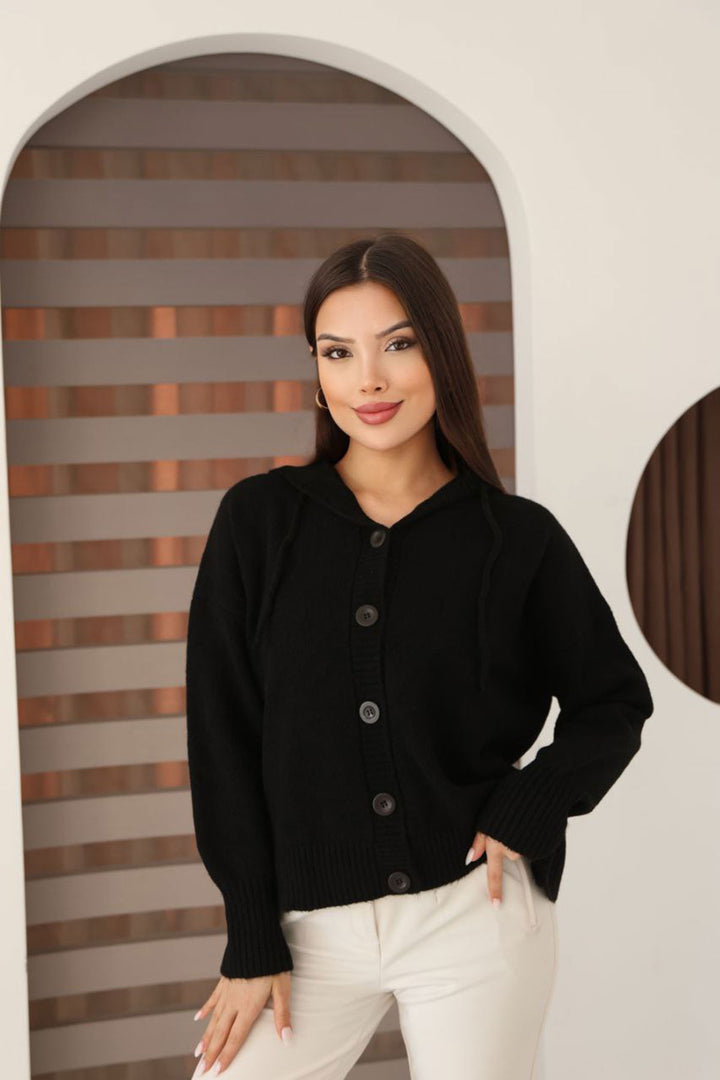 Siyah Düğmeli Kapüşonlu Soft Touch Triko Hırka BCES-253009 - Worms