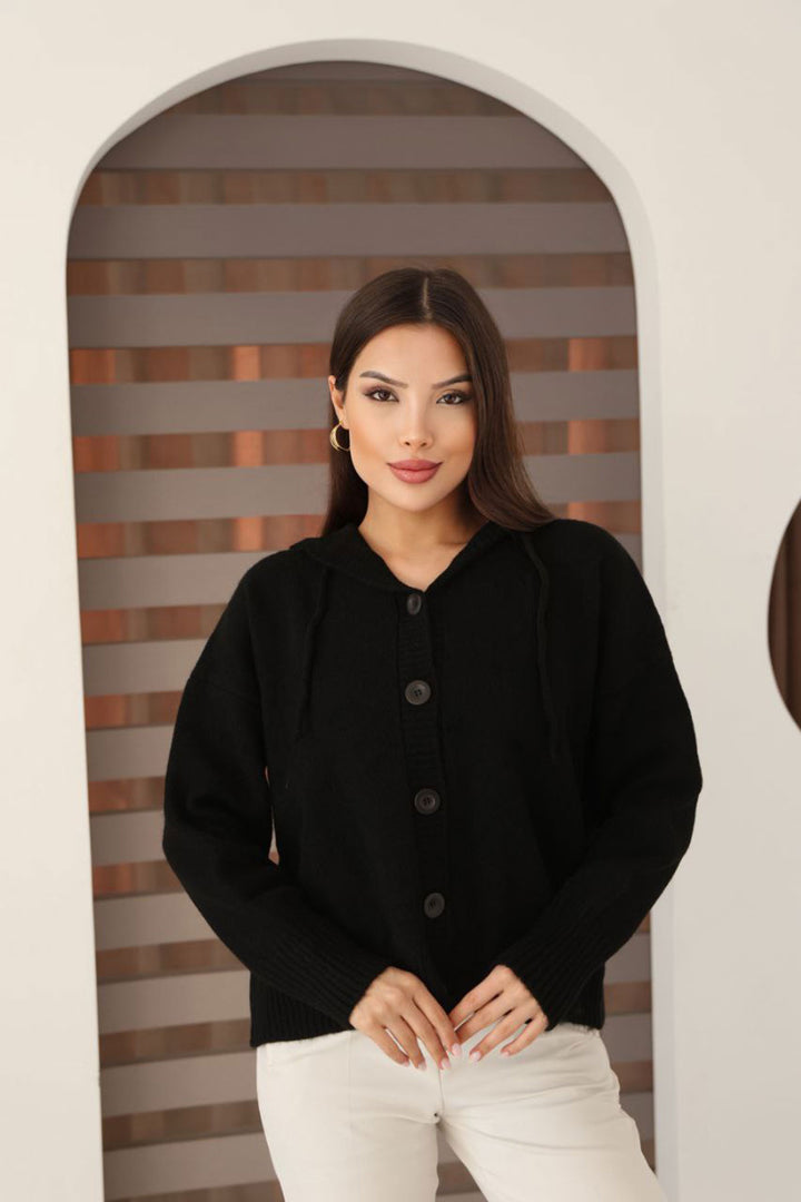 Siyah Düğmeli Kapüşonlu Soft Touch Triko Hırka BCES-253009 - Worms