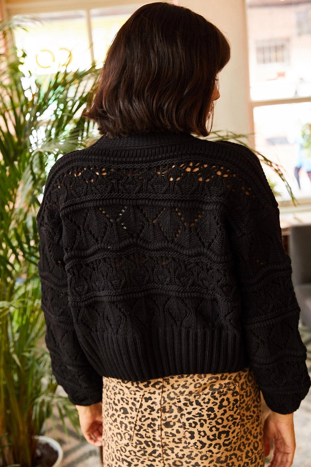 Black Buttoned Cropped Knit Cardigan with Motif BCBSK-25700-K5595 - Ciudad Benito Juárez