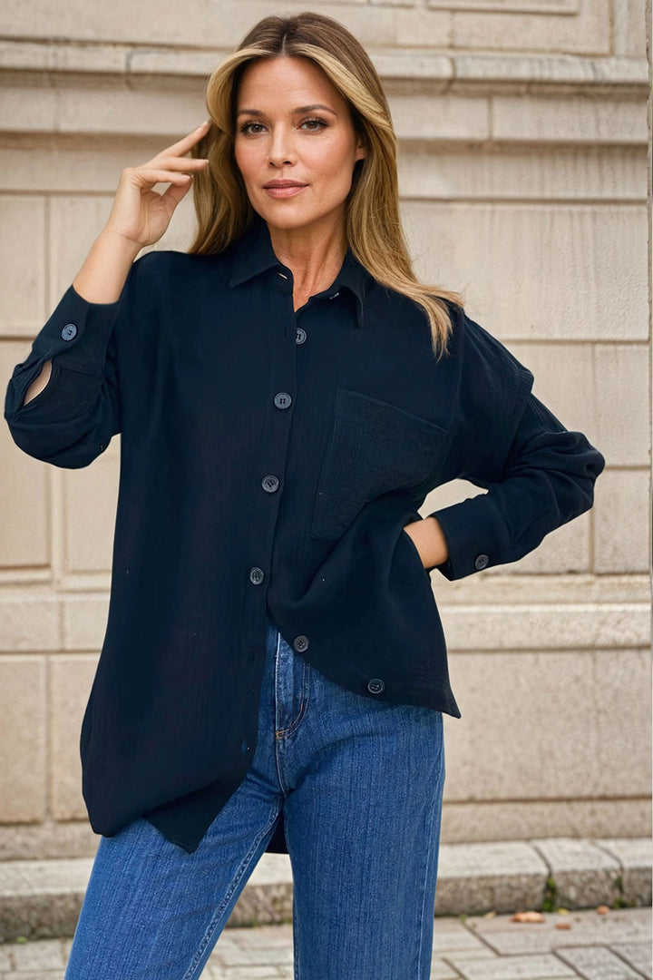 Black Buttoned Oversized Long Sleeve Shirt BCBSK-25700-3443 - Federal Way