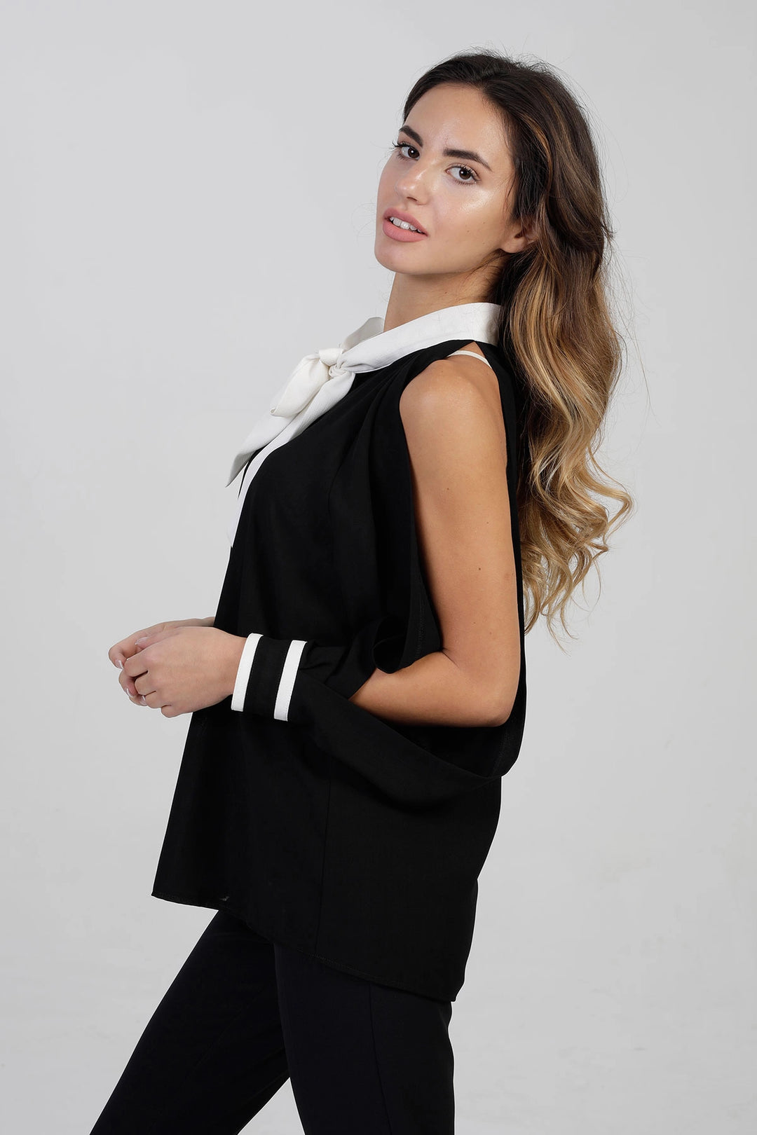 Black Buttoned Loose Fit Long Sleeve Off Shoulder Shirt BCBSK-25700-2450 - Ayr