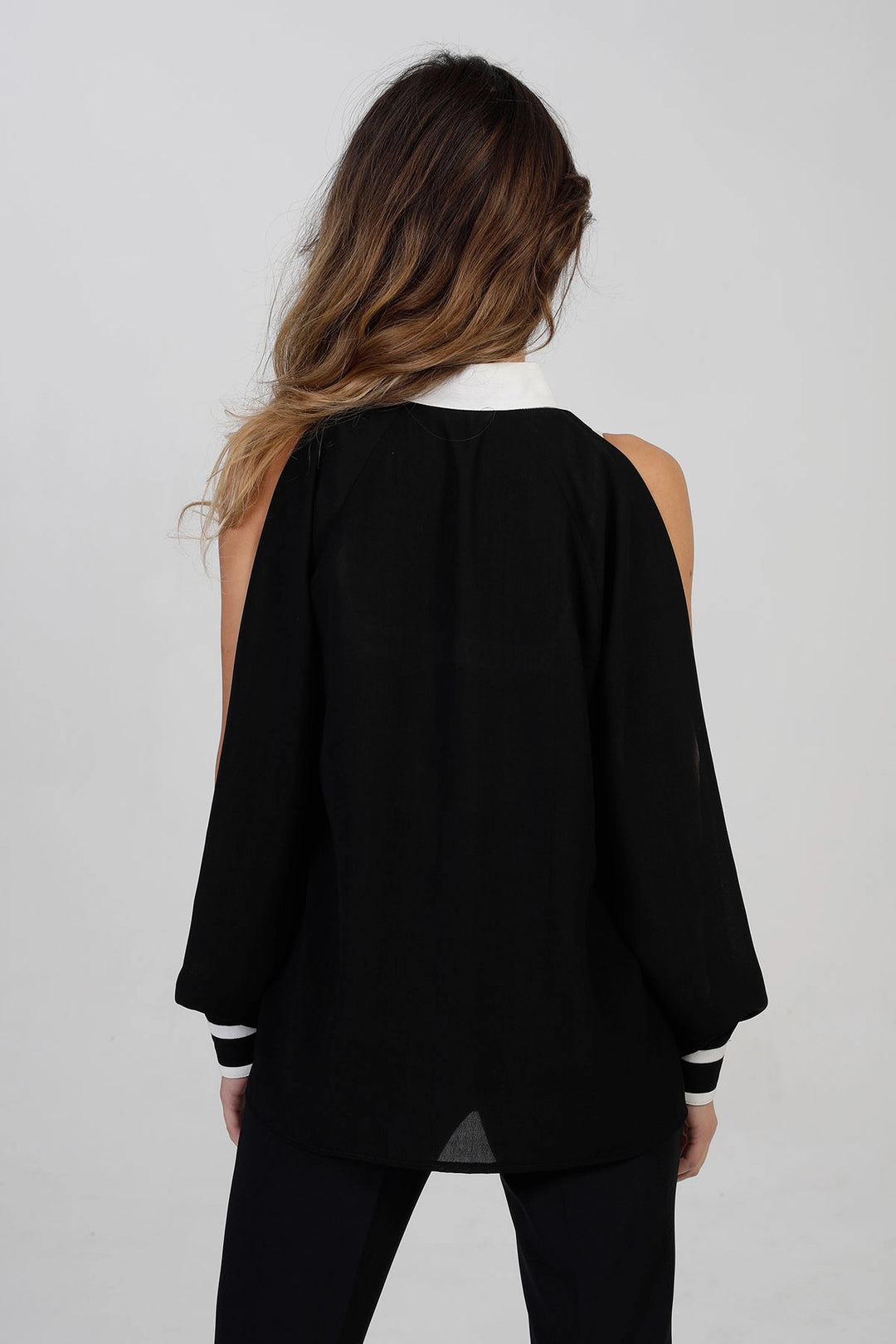 Black Buttoned Loose Fit Long Sleeve Off Shoulder Shirt BCBSK-25700-2450 - Ayr