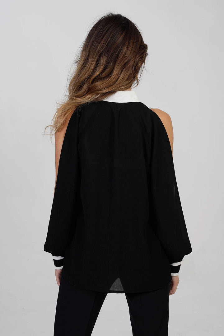 Black Buttoned Loose Fit Long Sleeve Off Shoulder Shirt BCBSK-25700-2450 - Ayr