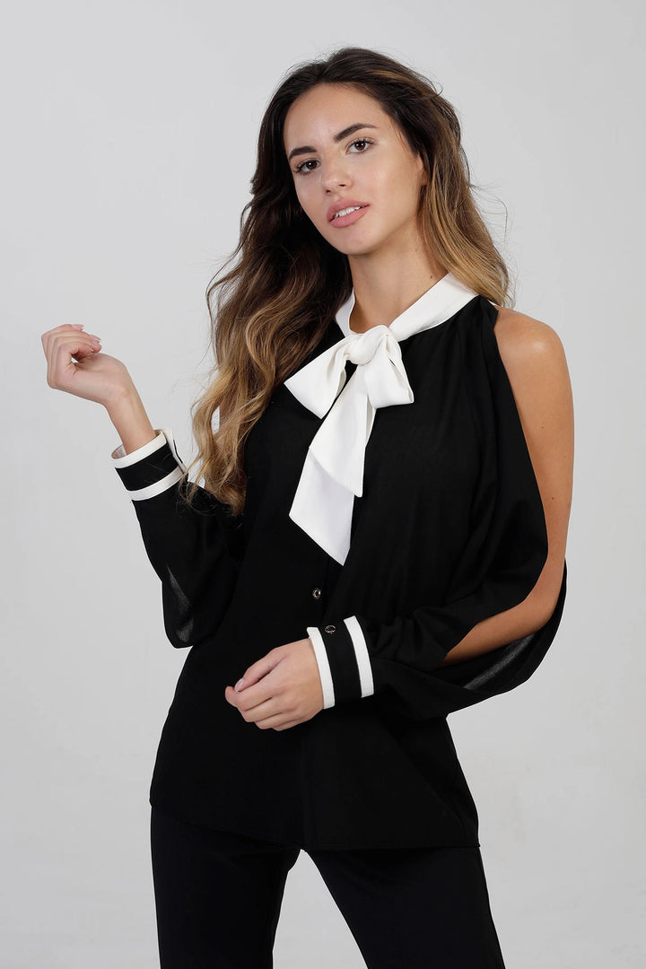 Black Buttoned Loose Fit Long Sleeve Off Shoulder Shirt BCBSK-25700-2450 - Ayr