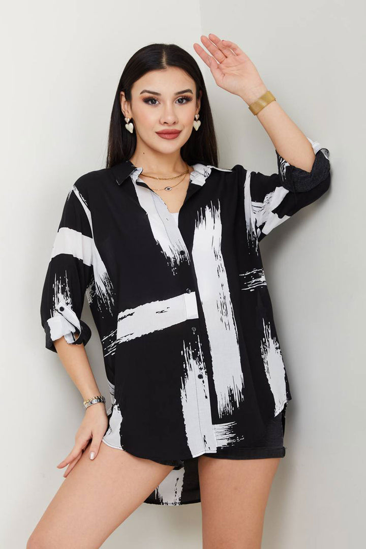 Black-Ecru Patterned Cotton Woven Shirt BCAYN-254006 - Tuxpan