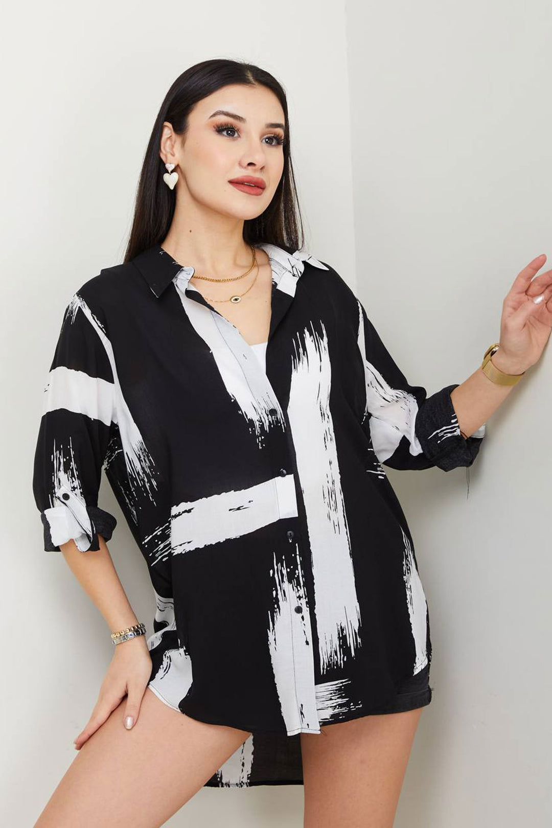 Black-Ecru Patterned Cotton Woven Shirt BCAYN-254006 - Tuxpan