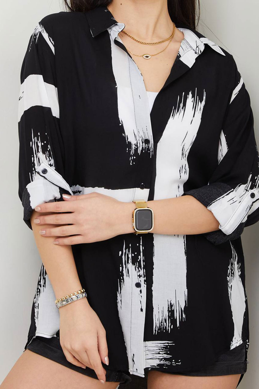 Black-Ecru Patterned Cotton Woven Shirt BCAYN-254006 - Tuxpan