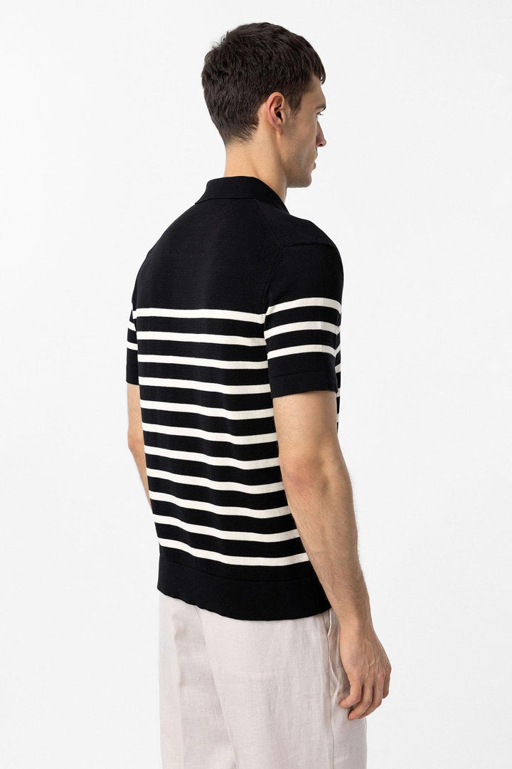 ANT Antioch Siyah/Ekru Polo Yaka Çizgili Erkek Triko T-Shirt - Brugherio