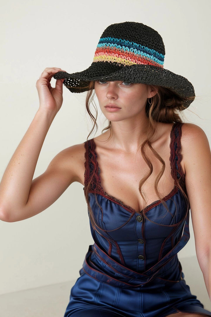 Black Straw Hat with Woven Color Striped Wide Brim BCNSV-2514620 - Muskegon