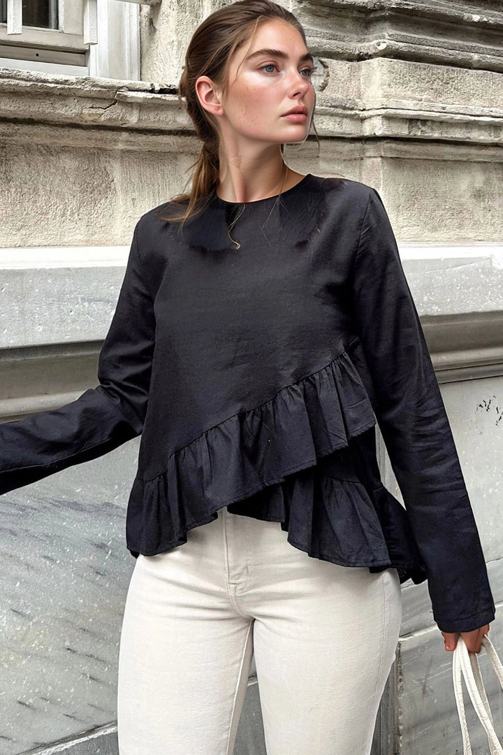 Black Tiered Ruffled Voile Blouse BCBSK-25700-3571 - Agua Prieta
