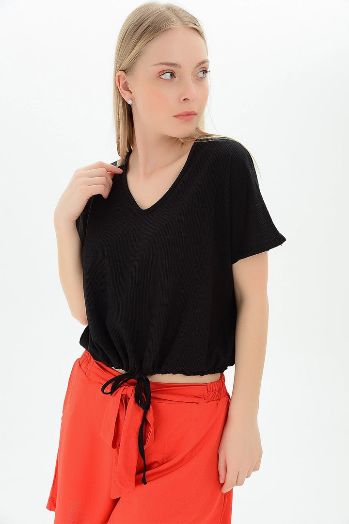 Black Skirted Corded V-Neck Batwing Sleeve Blouse CO-259112933 - South Hill