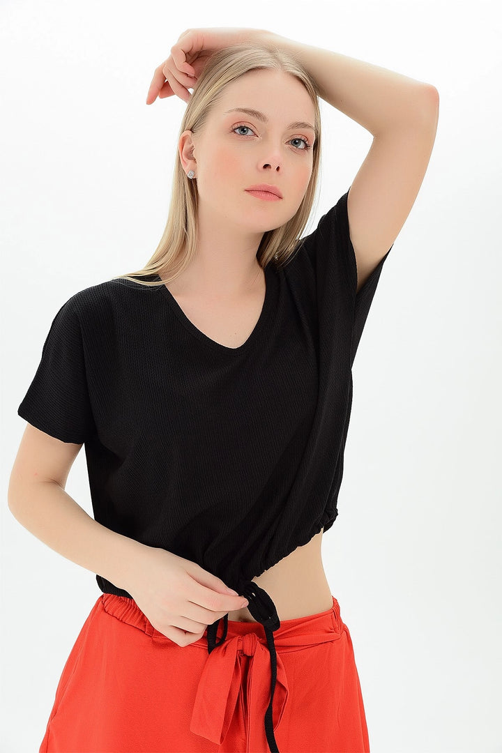 Black Skirted Corded V-Neck Batwing Sleeve Blouse CO-259112933 - South Hill