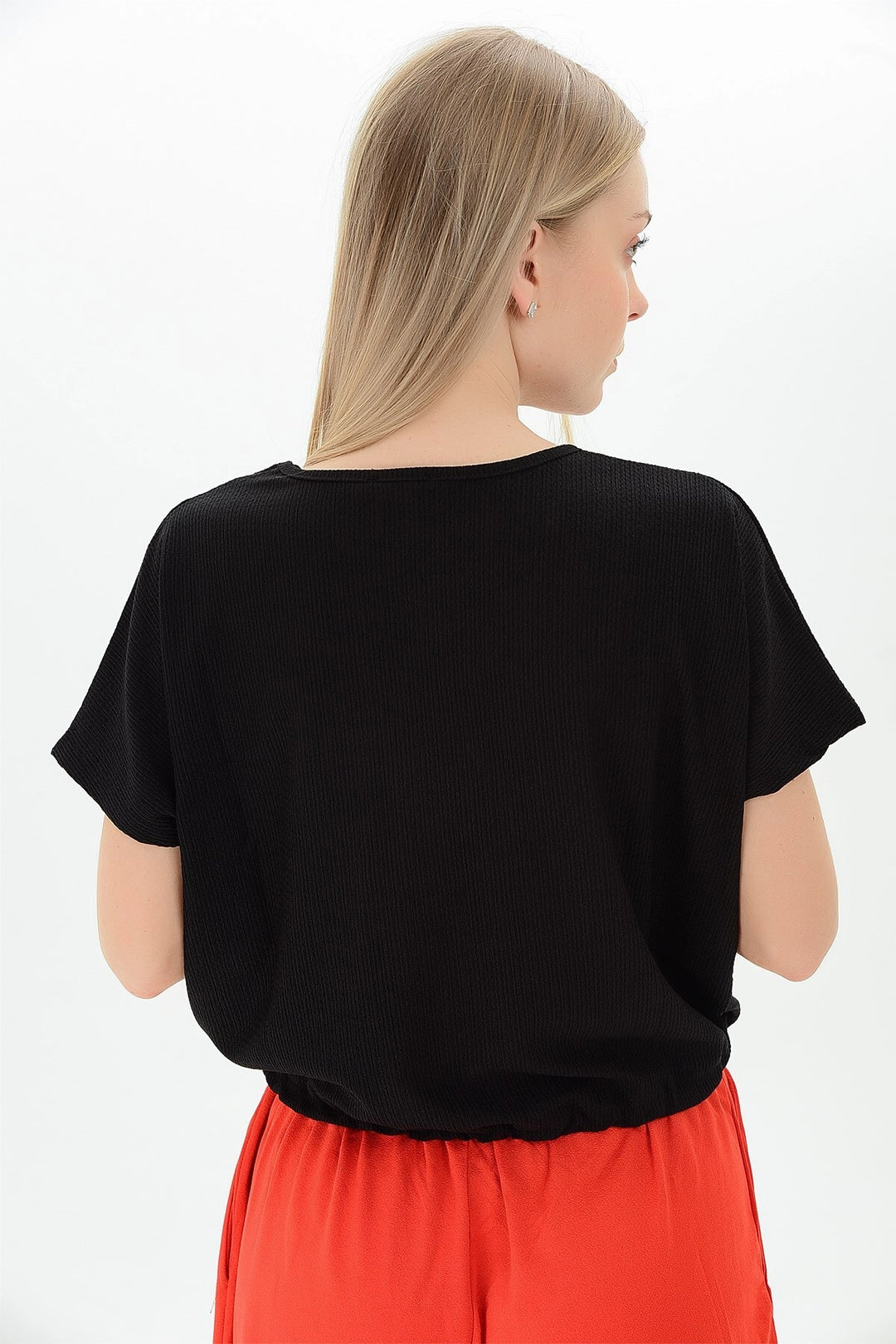 Black Skirted Corded V-Neck Batwing Sleeve Blouse CO-259112933 - South Hill