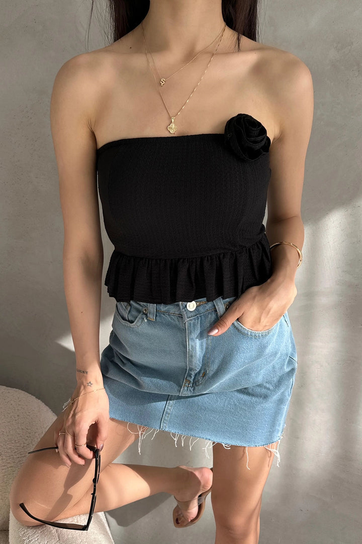 Black Skirt Ruffled Rose Detailed Crop Bustier Blouse BCDF-252184 - Waldorf