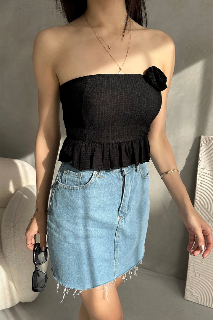 Black Skirt Ruffled Rose Detailed Crop Bustier Blouse BCDF-252184 - Waldorf