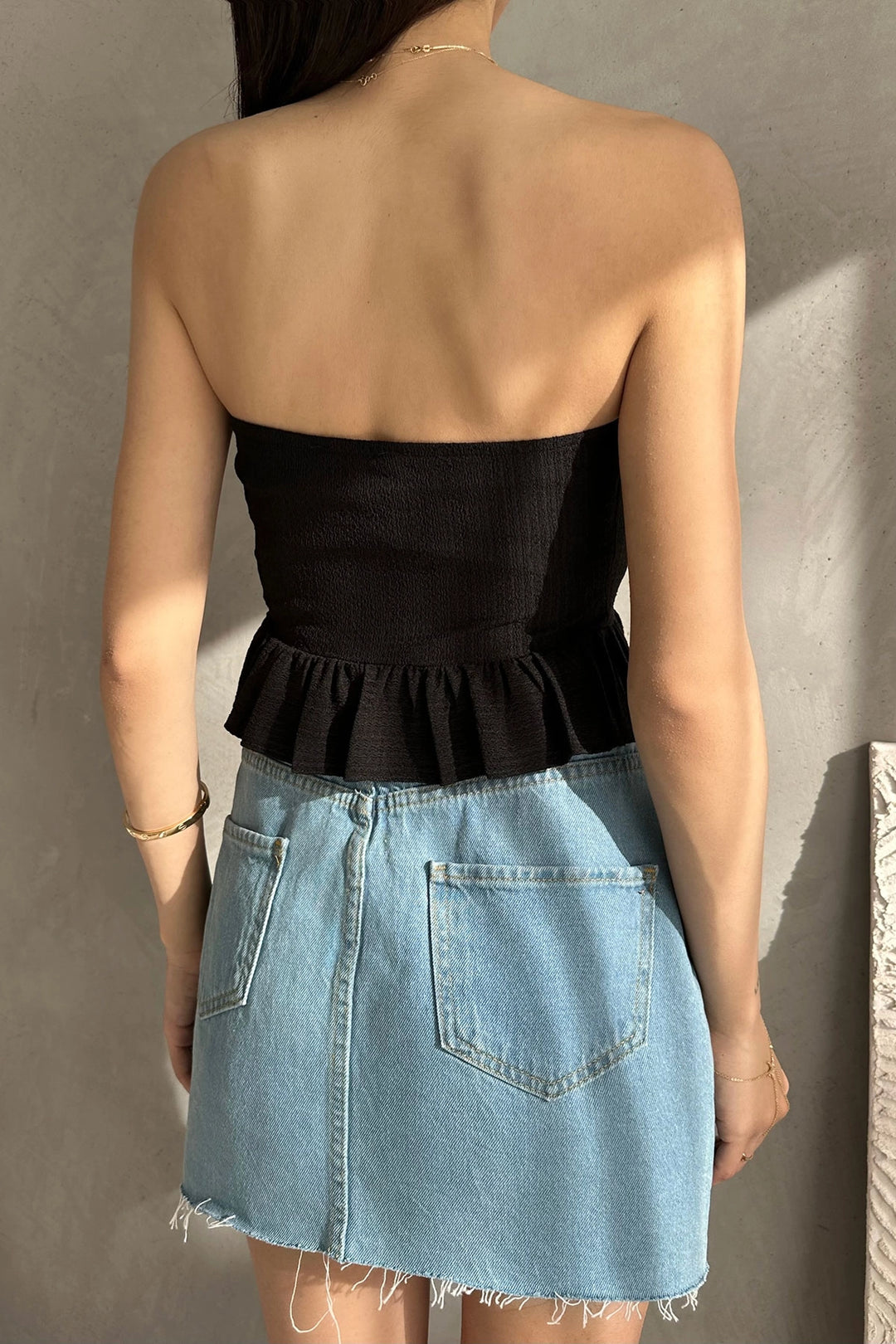 Black Skirt Ruffled Rose Detailed Crop Bustier Blouse BCDF-252184 - Waldorf