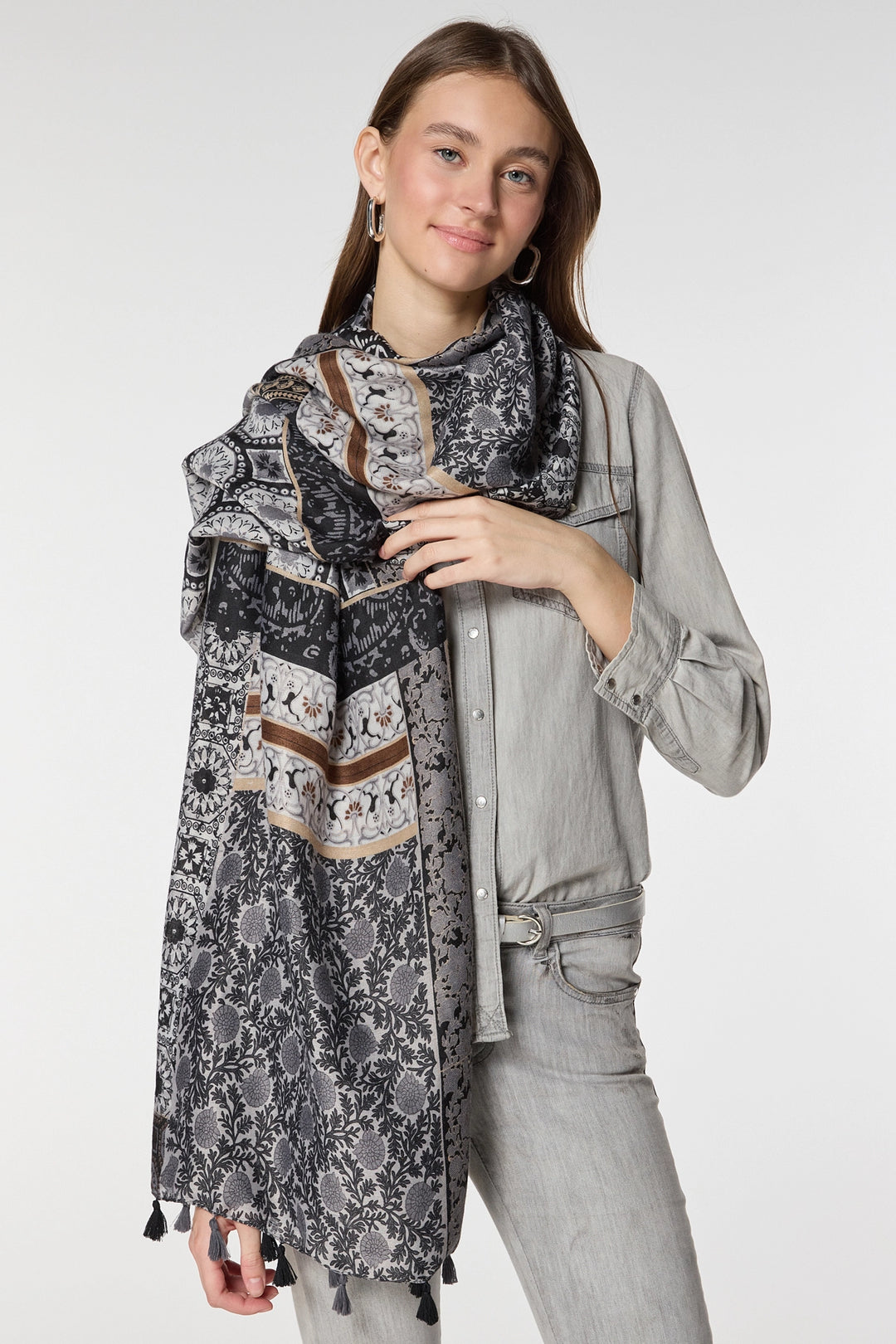 Black Ethnic Patterned Fringed Shawl BCNSV-2515081 - Vineyard
