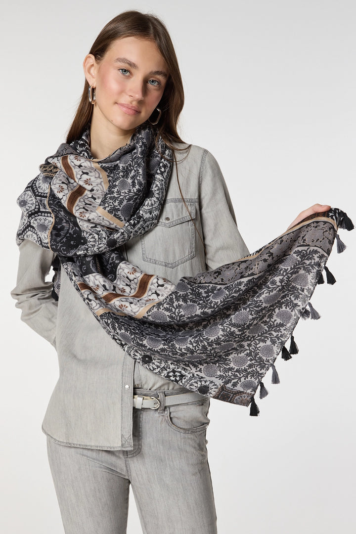 Black Ethnic Patterned Fringed Shawl BCNSV-2515081 - Vineyard