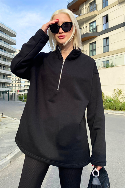 MDX Black Zip Neck Slit Sweatshirt MG1903 - Poinciana