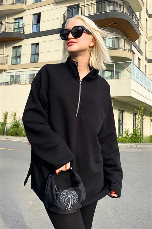 MDX Black Zip Neck Slit Sweatshirt MG1903 - Poinciana