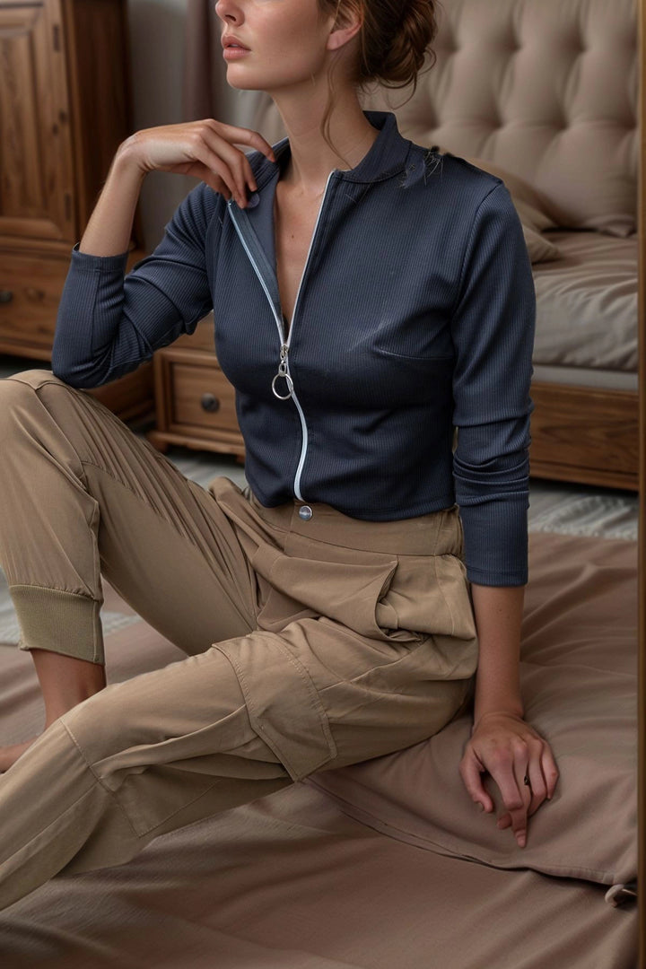 Black Zippered Lycra Crop Blouse BCBSK-25700-3323 - Bootle