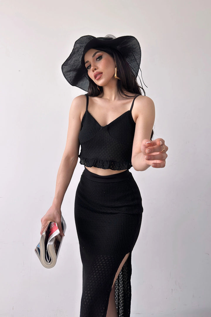 Black Ruffle Detailed Crop Blouse and Skirt Knit Set BCDF-241082 - Weslaco