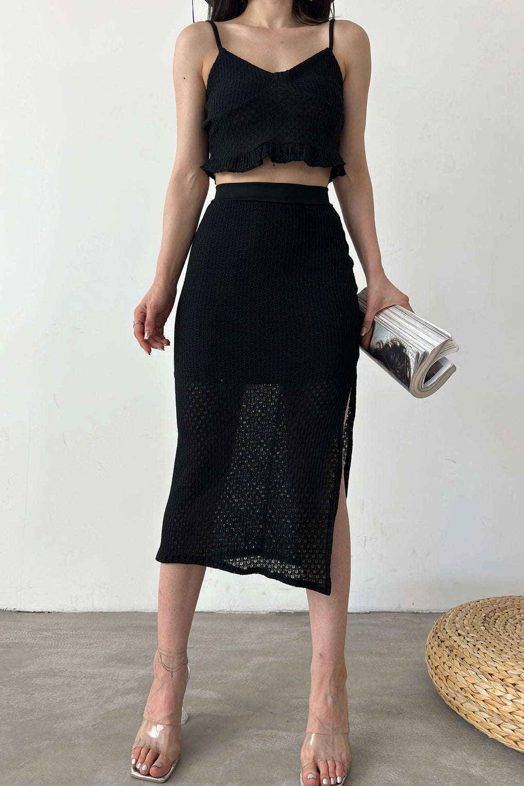 Black Ruffle Detailed Crop Blouse and Skirt Knit Set BCDF-241082 - Weslaco