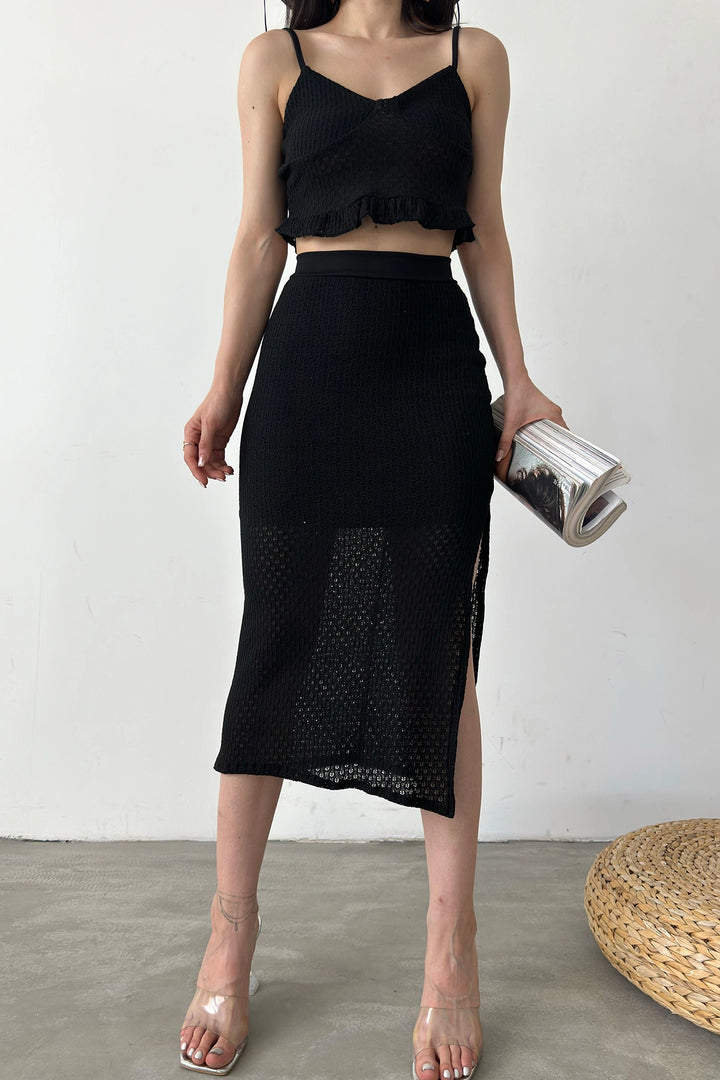 Black Ruffle Detailed Crop Blouse and Skirt Knit Set BCDF-241082 - Weslaco