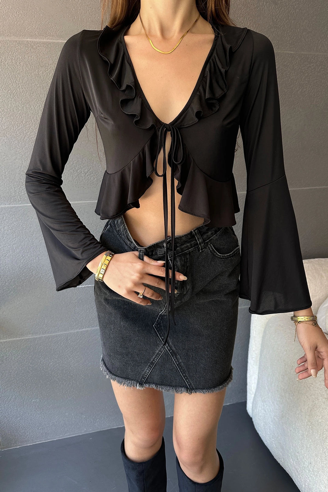 Black Ruffle Detailed Front Tied Crop Blouse BCDF-242104 - Thérmi