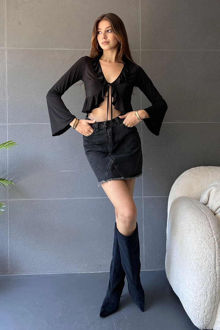 Black Ruffle Detailed Front Tied Crop Blouse BCDF-242104 - Thérmi