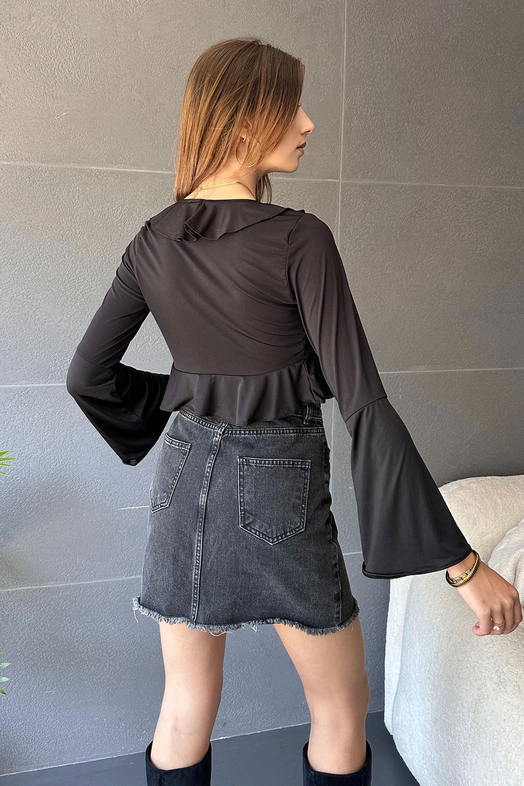 Black Ruffle Detailed Front Tied Crop Blouse BCDF-242104 - Thérmi