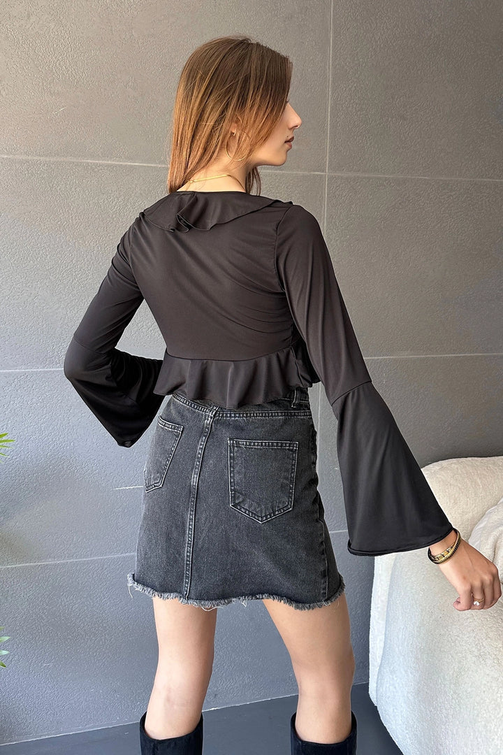Black Ruffle Detailed Front Tied Crop Blouse BCDF-242104 - Thérmi