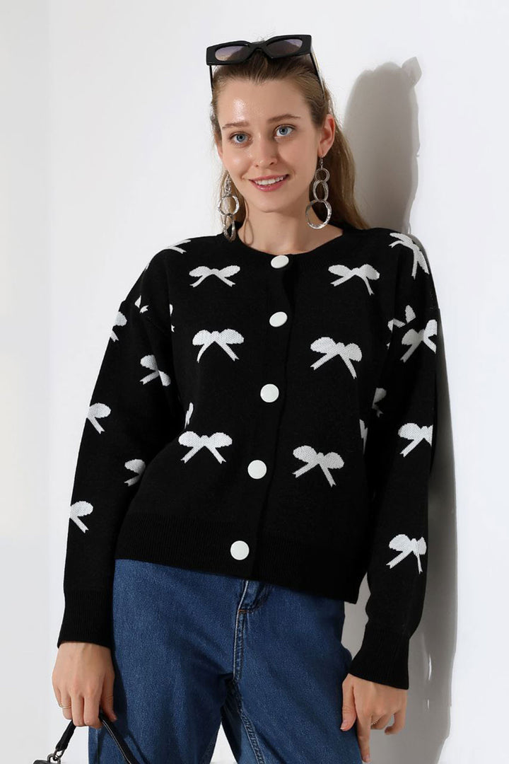 Black Bow Patterned Buttoned Cardigan BCES-252044 - Solingen