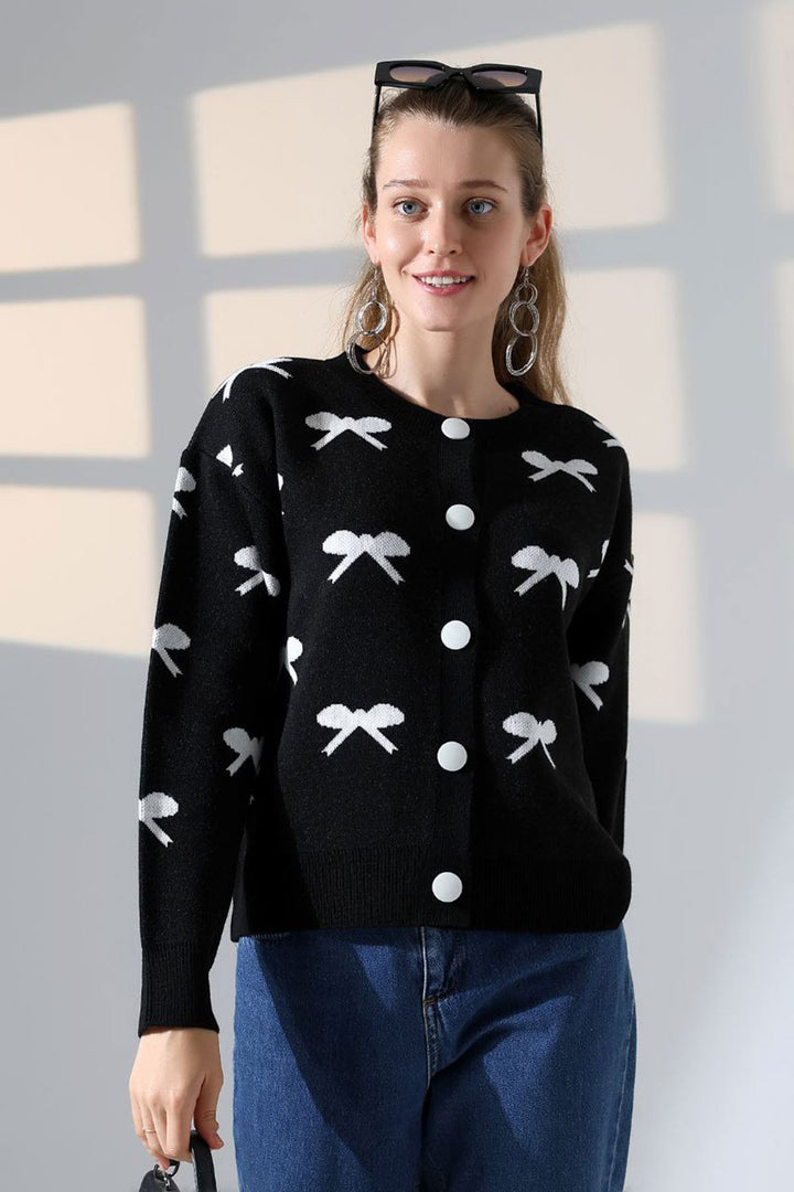 Black Bow Patterned Buttoned Cardigan BCES-252044 - Solingen