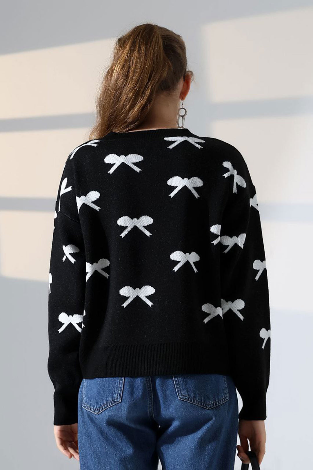 Black Bow Patterned Buttoned Cardigan BCES-252044 - Solingen