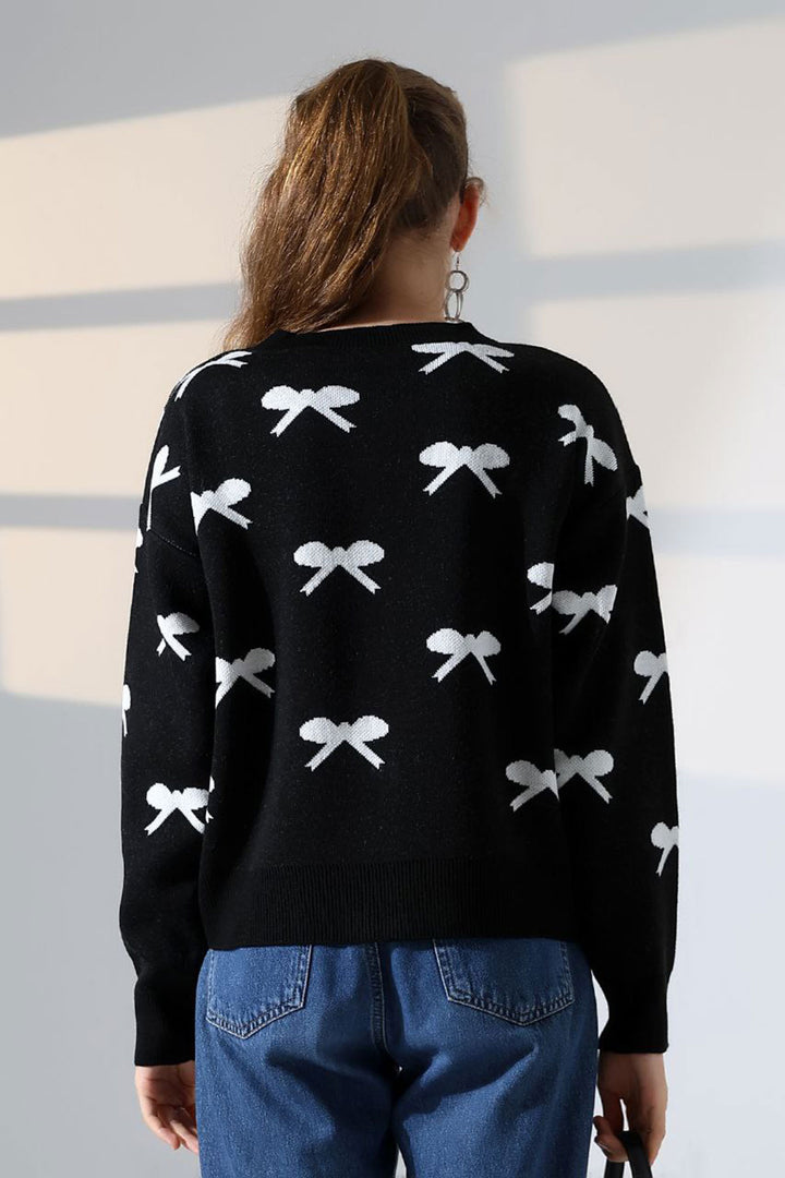 Black Bow Patterned Buttoned Cardigan BCES-252044 - Solingen
