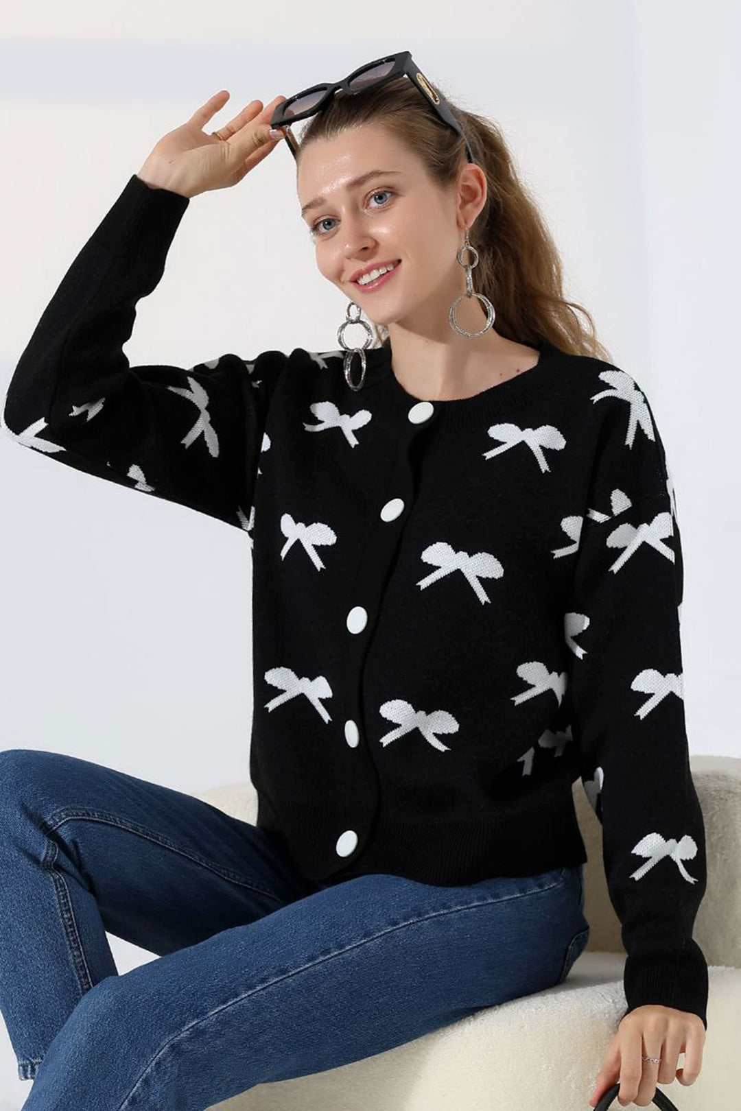 Black Bow Patterned Buttoned Cardigan BCES-252044 - Solingen