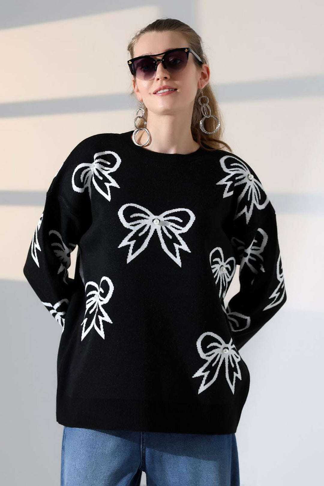 Black Bow Patterned Sweater BCES-252045 - Piedras Negras